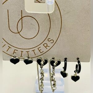 Urban Outfitters 3 earrings set. Black, silver and clear rhinestone hearts